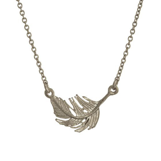 Close-up of hand-detailed feather motif set inline on chain
