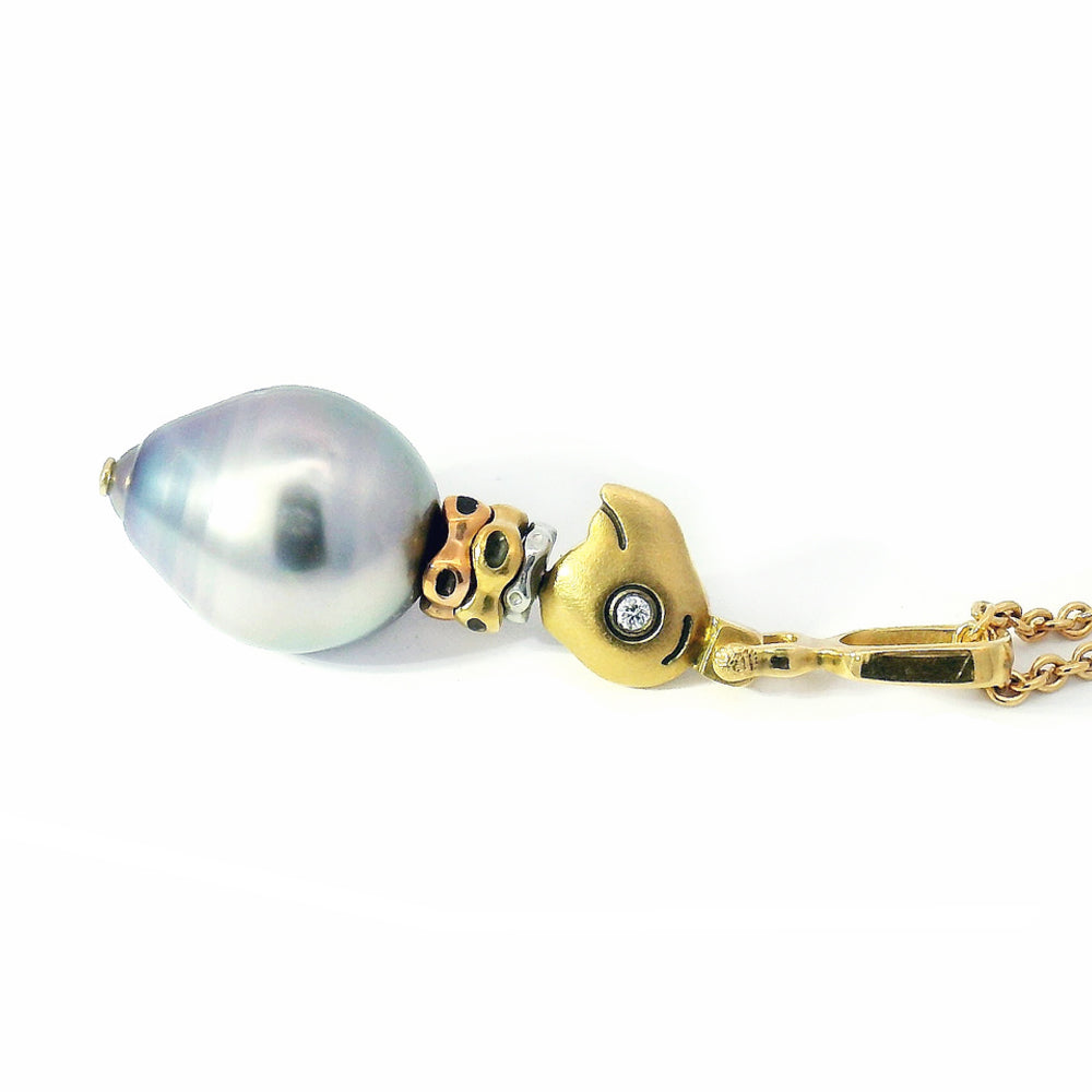 Tahitian Pearl & Multi-Tone Gold Pendant - "Fable Animals & Strange Characters"