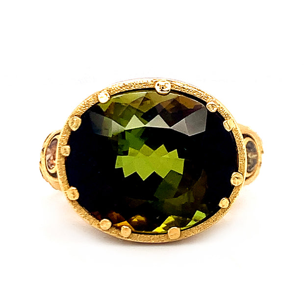 Olive-Brown Tourmaline & Diamond Ring - "Little Windows"