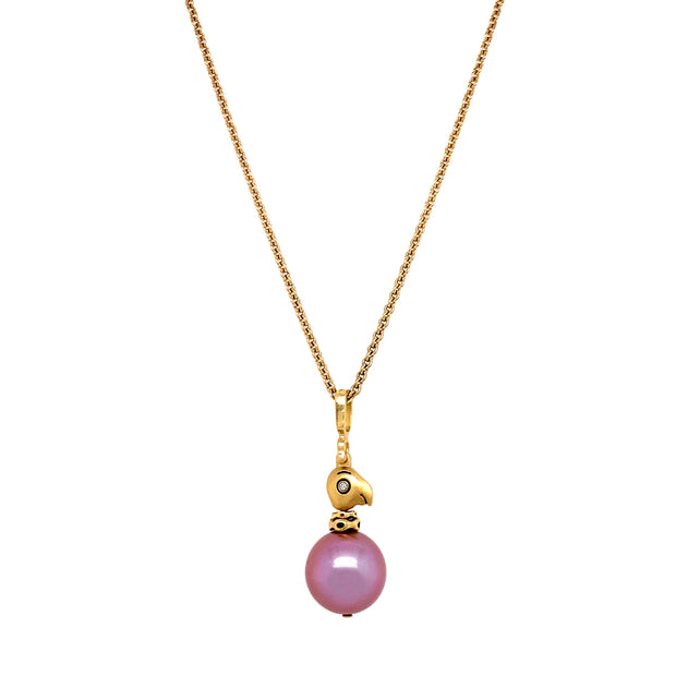 Pink Pearl & Yellow Gold Bird Pendant - "Fable Animals & Strange Characters"