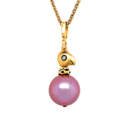 Pink Pearl & Yellow Gold Bird Pendant - "Fable Animals & Strange Characters"