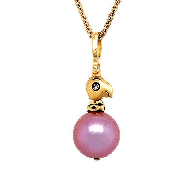 Pink Pearl & Yellow Gold Bird Pendant - "Fable Animals & Strange Characters"