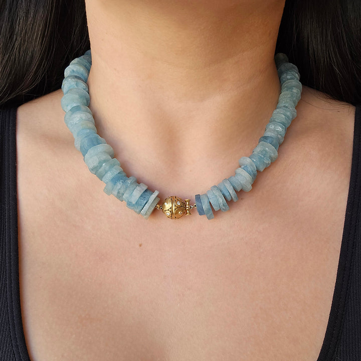 Beaded Rough Aquamarine Disc Necklace with Diamond Lilies Clasp - "Glaciers Edge"