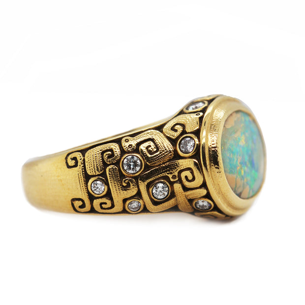 Australian Boulder Opal & Diamond Yellow Gold Ring - "Painted Sky"