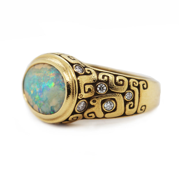 Australian Boulder Opal & Diamond Yellow Gold Ring - "Painted Sky"