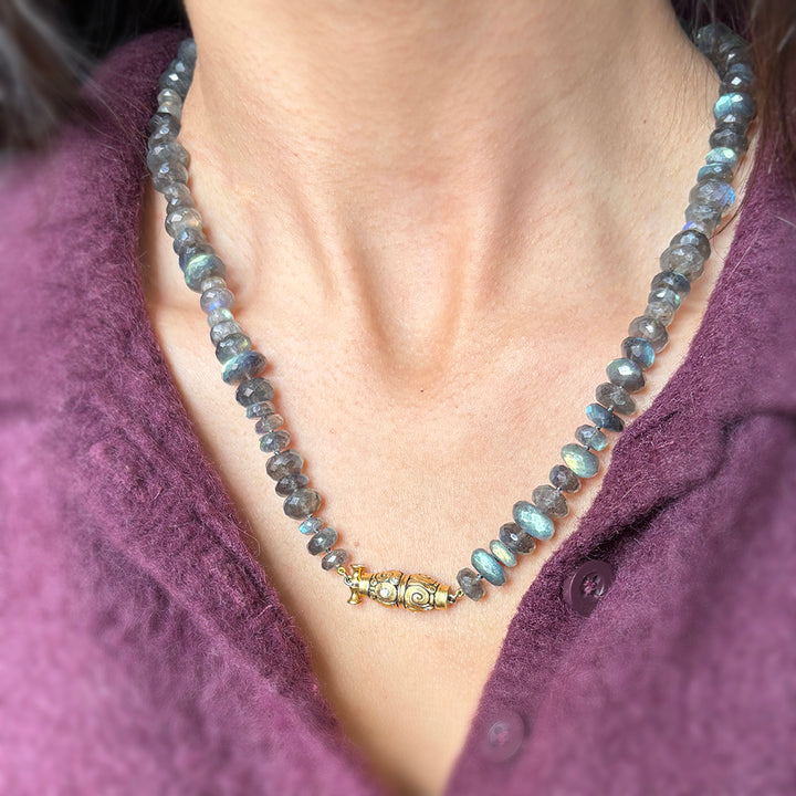 Labradorite Beaded Necklace & Diamond Clasp- "Seashell"