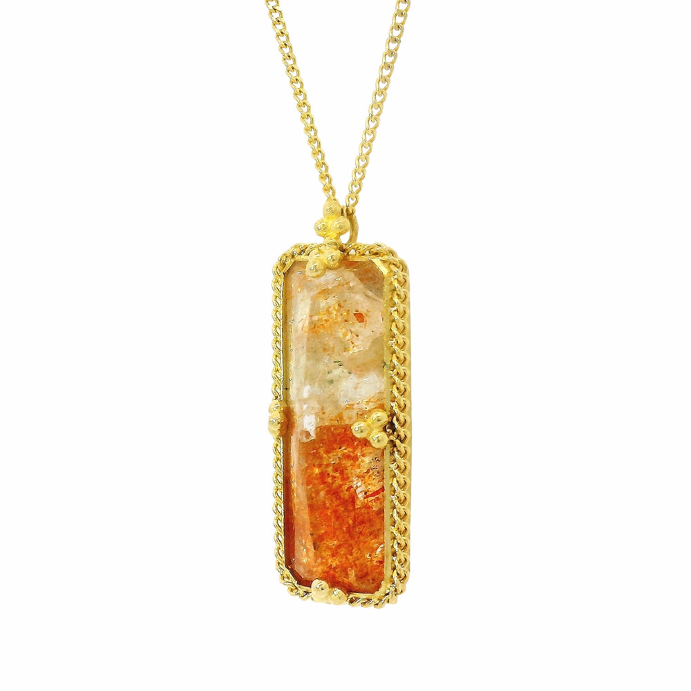 One-of-a-kind rectangular sunstone pendant with gold framing