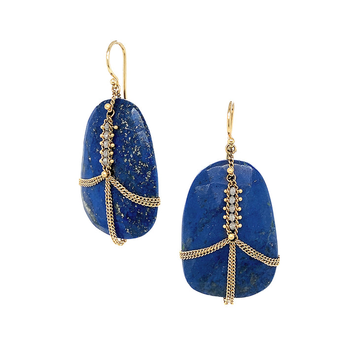 18K yellow gold lapis lazuli and silver diamond rondelle draped drop earrings