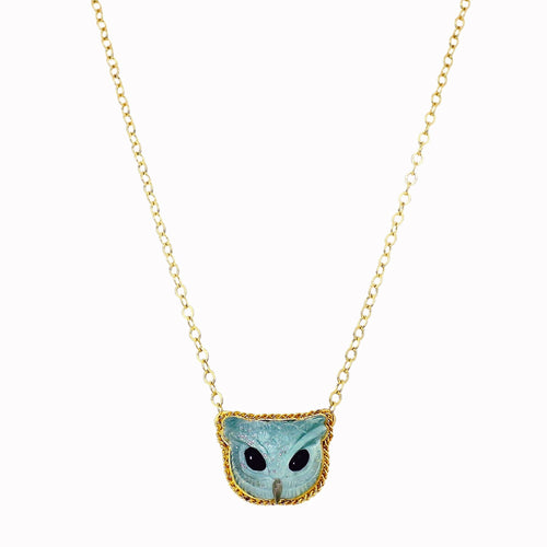 Carved Aquamarine Necklace in Gold - "Blue Familiar"