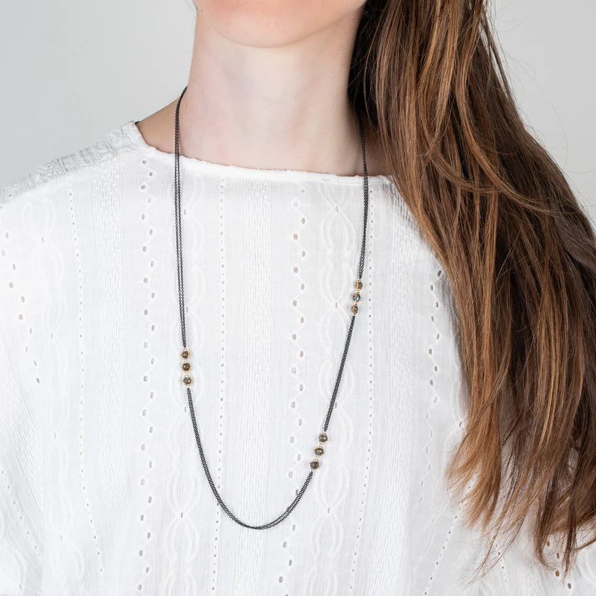 Labradorite Rondelle, Silver & Gold Station Necklace - "Claramay"