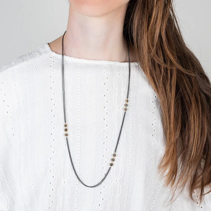 Labradorite Rondelle, Silver & Gold Station Necklace - "Claramay"