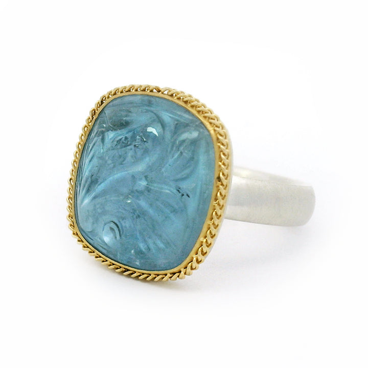 Carved Aquamarine, Gold & Silver Ring - "Deniz Nefesi"