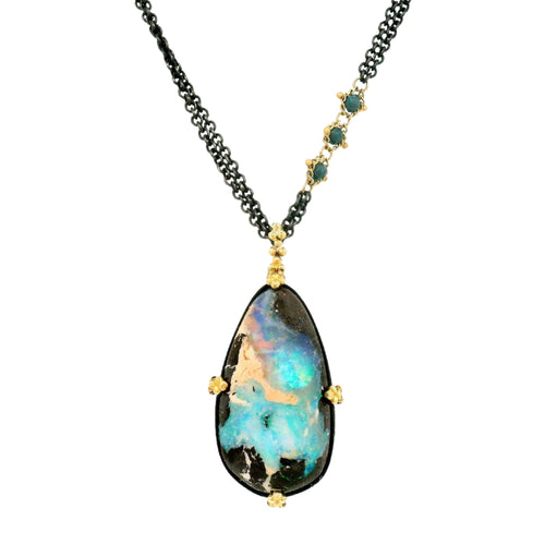Australian Boulder Opal in Oxidized Sterling Silver & Gold - "Northern Current"