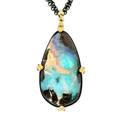 Australian Boulder Opal in Oxidized Sterling Silver & Gold - "Northern Current"