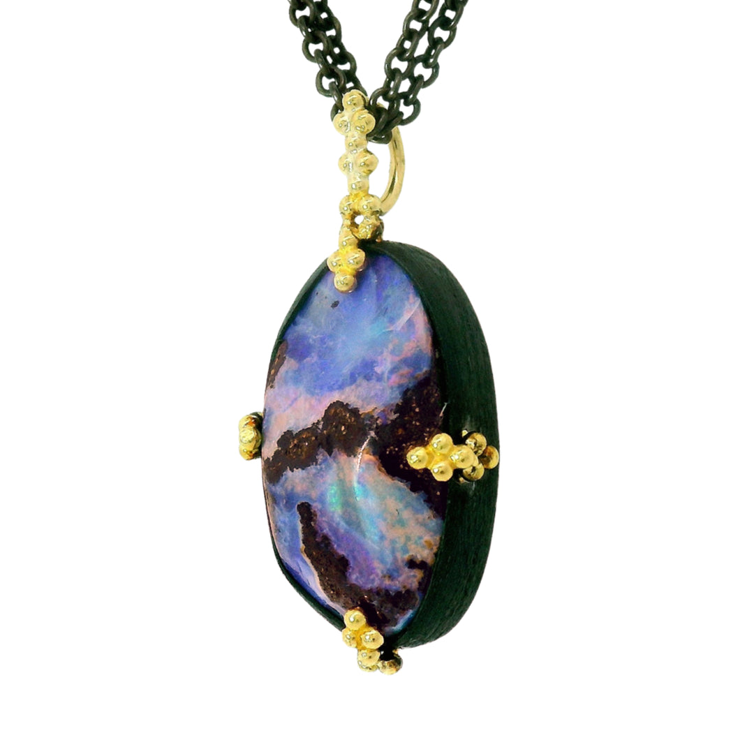 Aurora Yowah Koroit opal necklace in oxidized silver with 18K gold