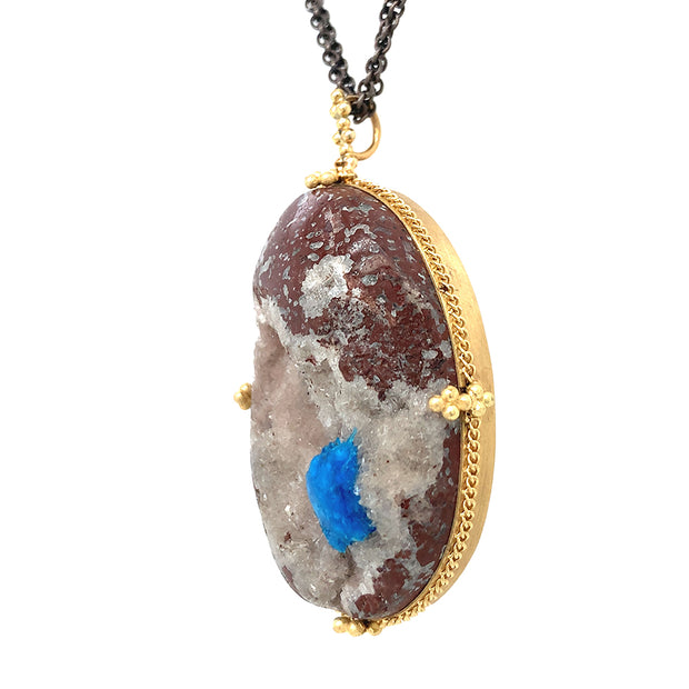 One-of-a-Kind Cavansite With Druzy Quartz & Diamond Rondelle Necklace - "Toprak"