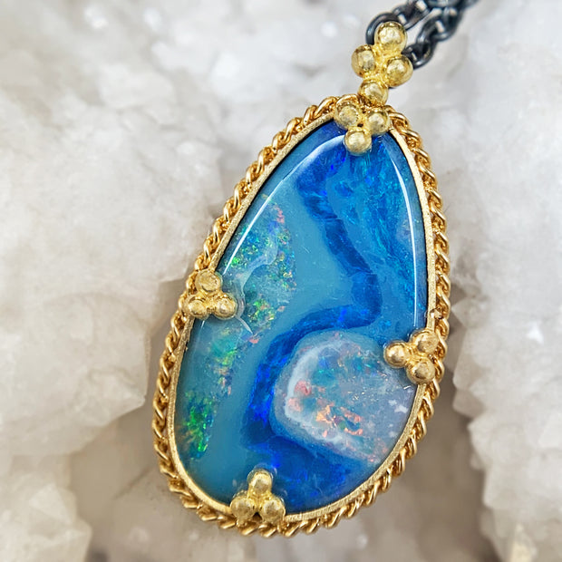 Sterling Silver & Yellow Gold Australian Opal Doublet Necklace - "Electric Waters"