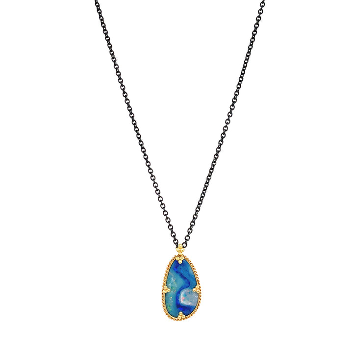 Australian Opal Doublet, Silver & Gold Necklace - "Electric Waters"