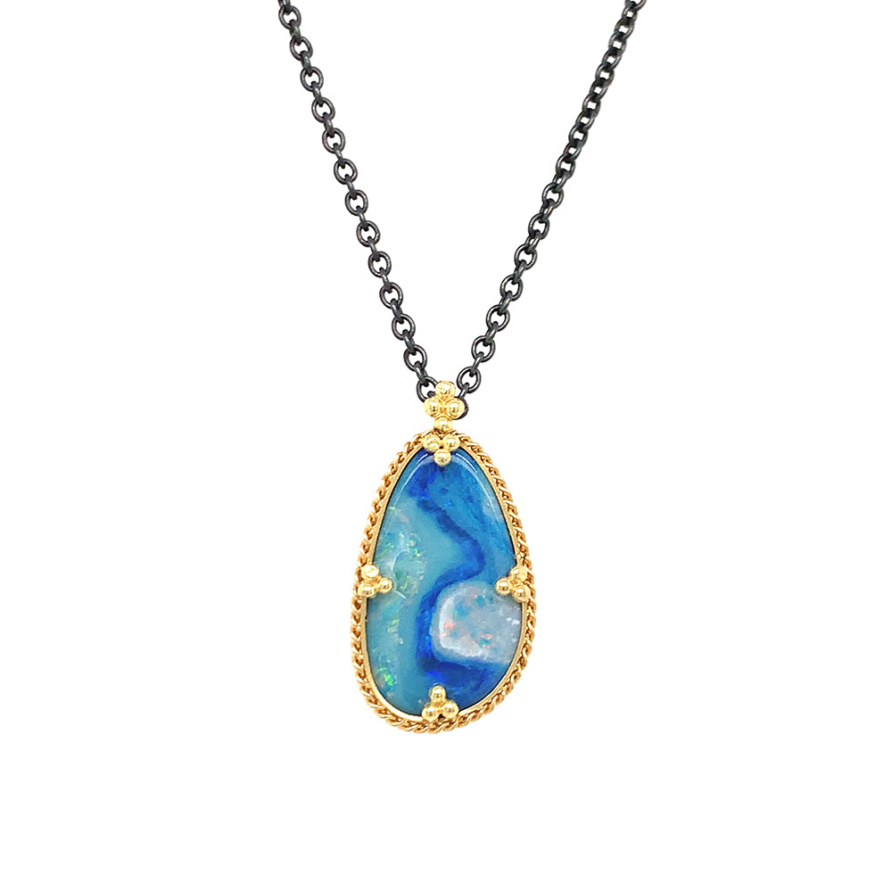 Australian Opal Doublet, Silver & Gold Necklace - "Electric Waters"