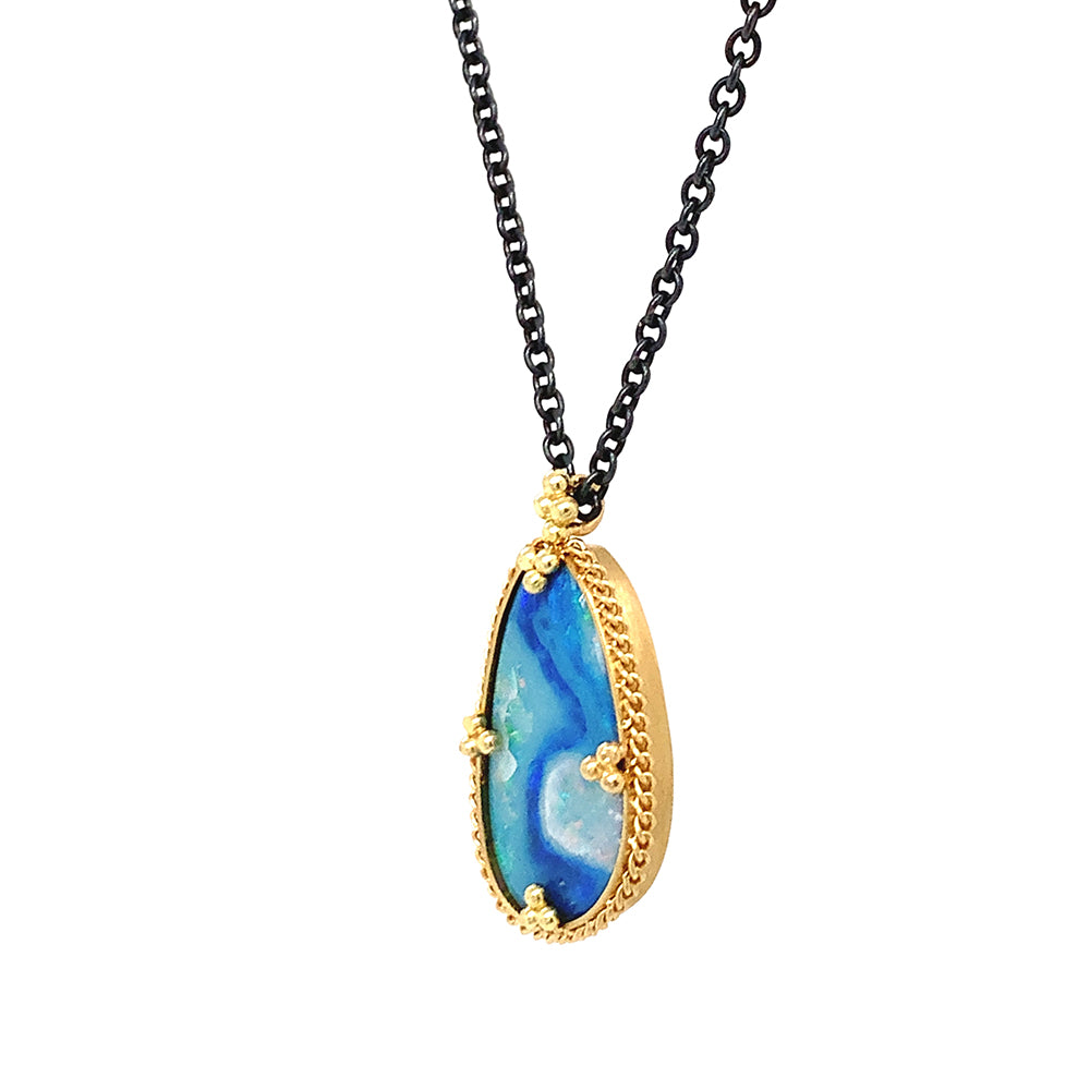 Australian Opal Doublet, Silver & Gold Necklace - "Electric Waters"