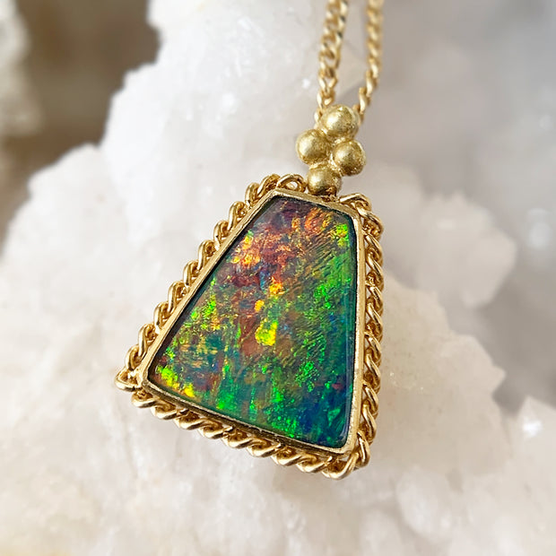 18K Yellow Gold Australian Opal Doublet Necklace - "Peacock Glow"