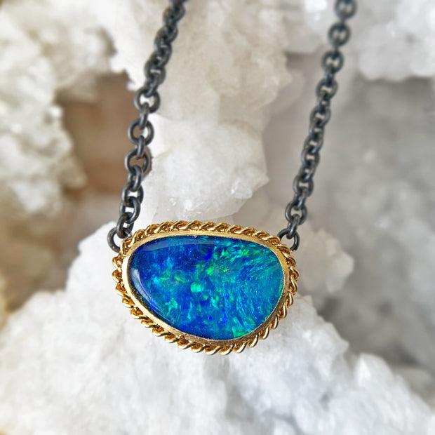 Sterling Silver & Yellow Gold Australian Opal Doublet Necklace - "Bioluminescent"