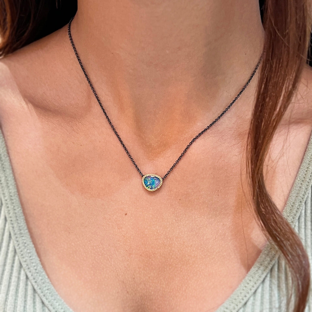 Australian Opal Doublet, Silver & Gold Necklace - "Monet's Palette"