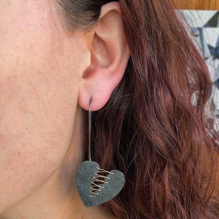 Oxidized Sterling Silver & Gold Vermeil Earrings - "Mended Heart"