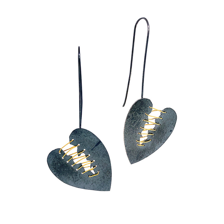 Oxidized Sterling Silver & Gold Vermeil Earrings - "Mended Heart"