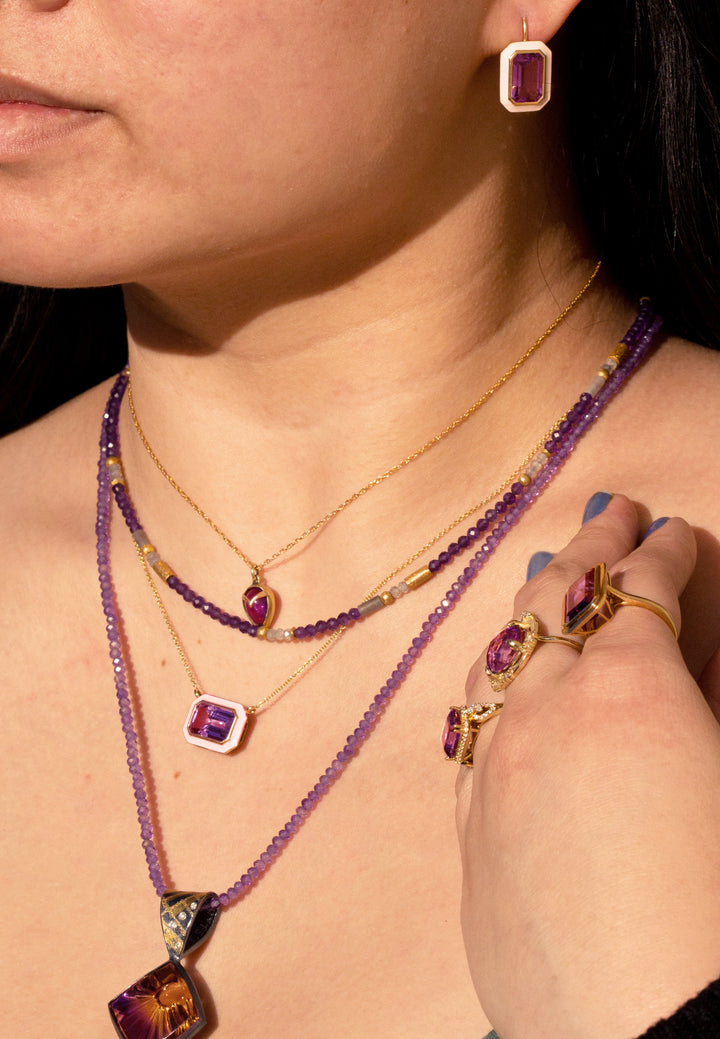 Amethyst, Enamel & Gold Drop Earrings - "Queen"