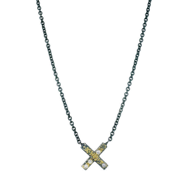 Diamond, Gold & Sterling Silver Necklace - "X"