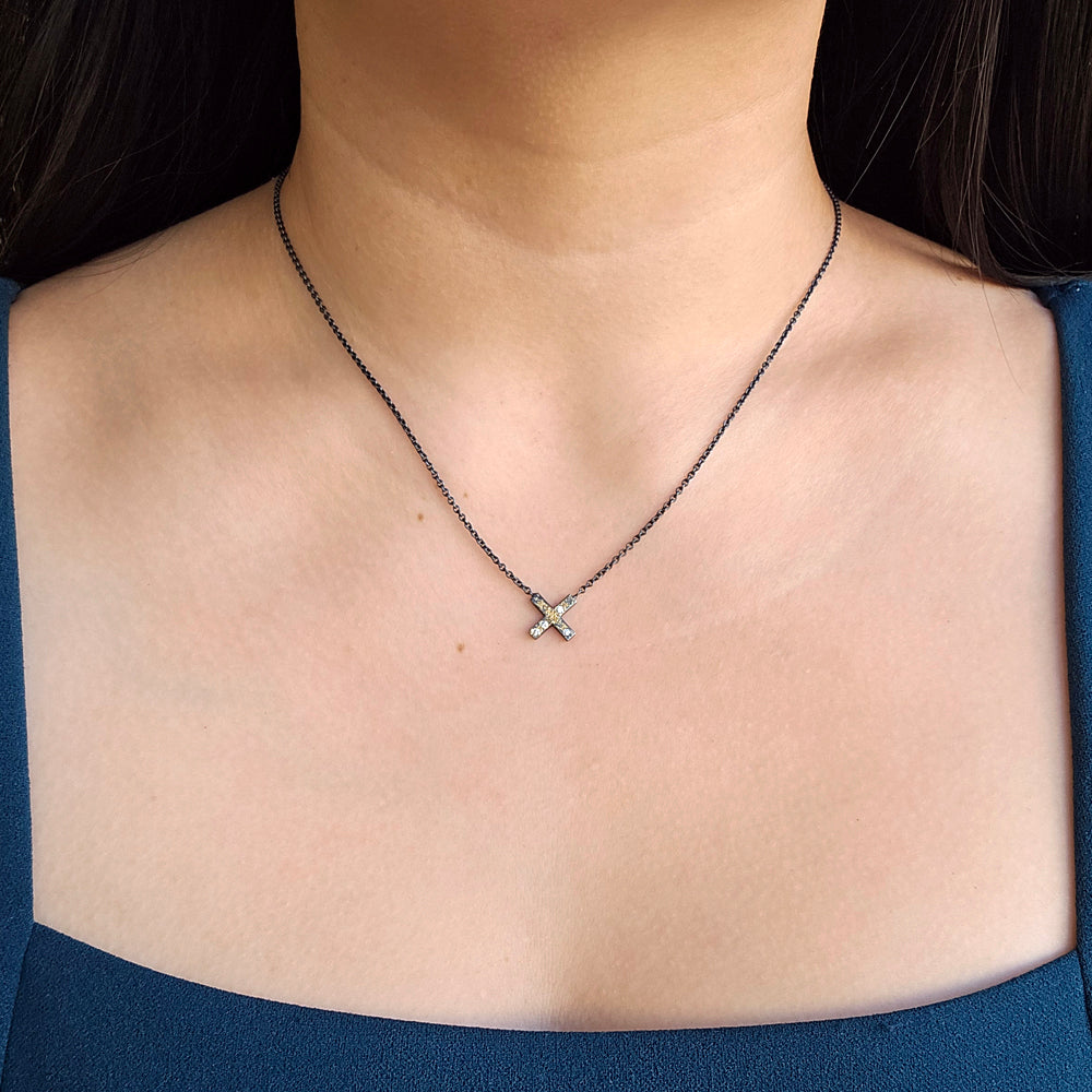 Diamond, Gold & Sterling Silver Necklace - "X"