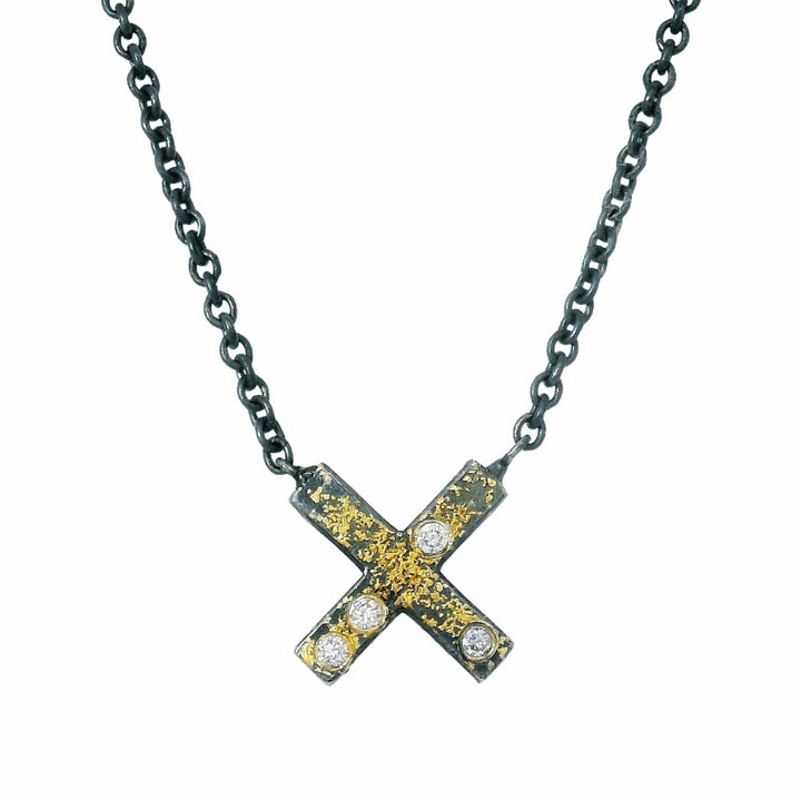 Diamond, Gold & Sterling Silver Necklace - "X"