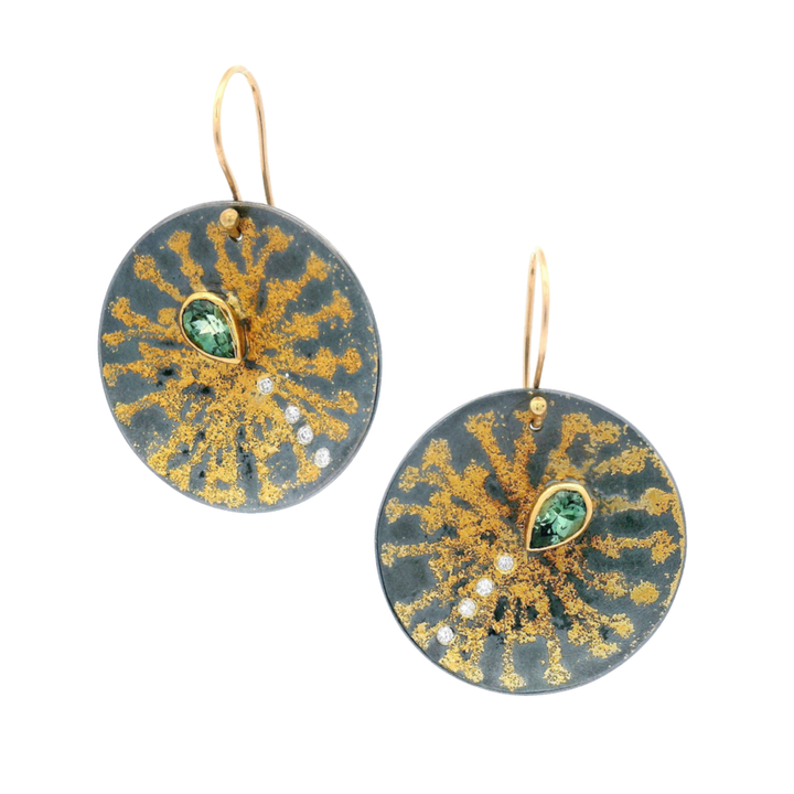 Montana Sapphire, Diamond, Yellow Gold & Silver Earrings - "Sunseed"