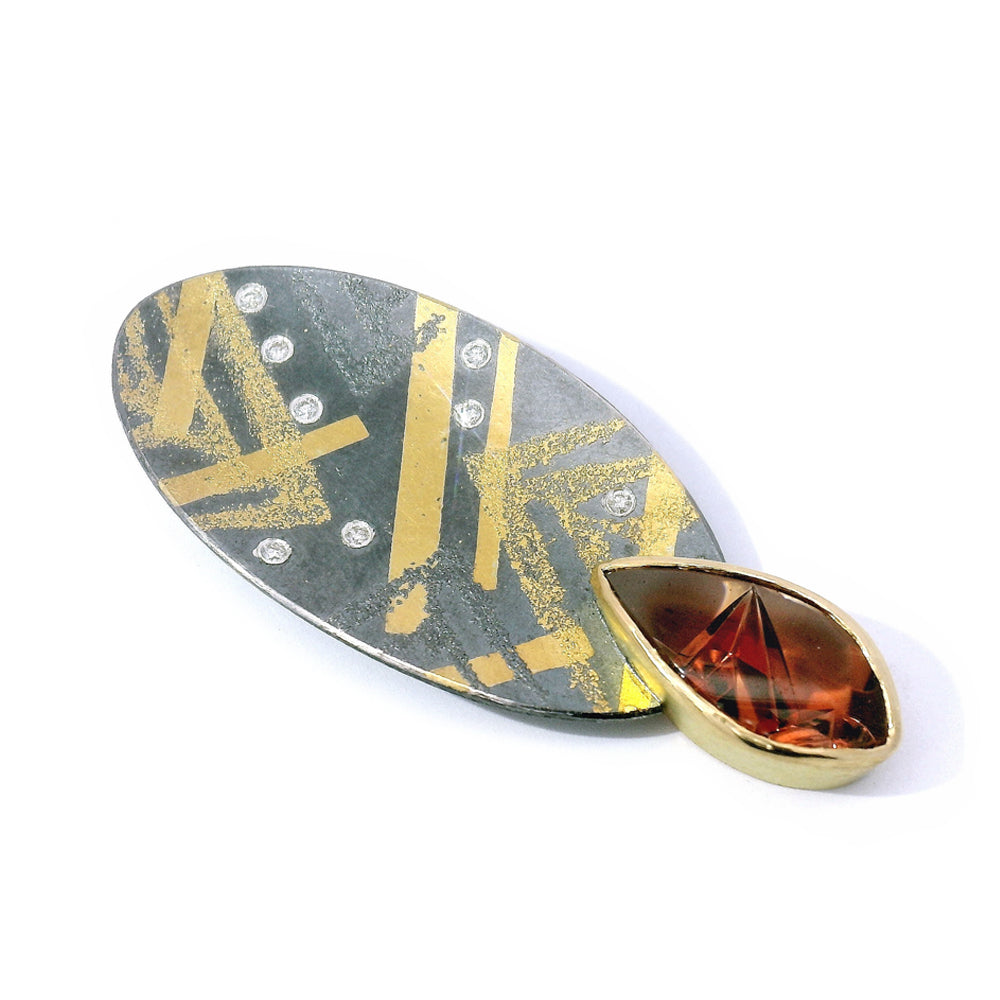 One-of-a-kind Oregon Sunstone, Gold & Sterling Silver Pendant - "Sunfall"