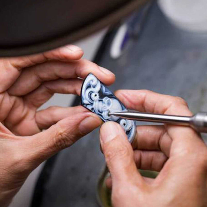 Damascus Steel & Carved Agate Spearpoint Knife - "B12 Belfry"