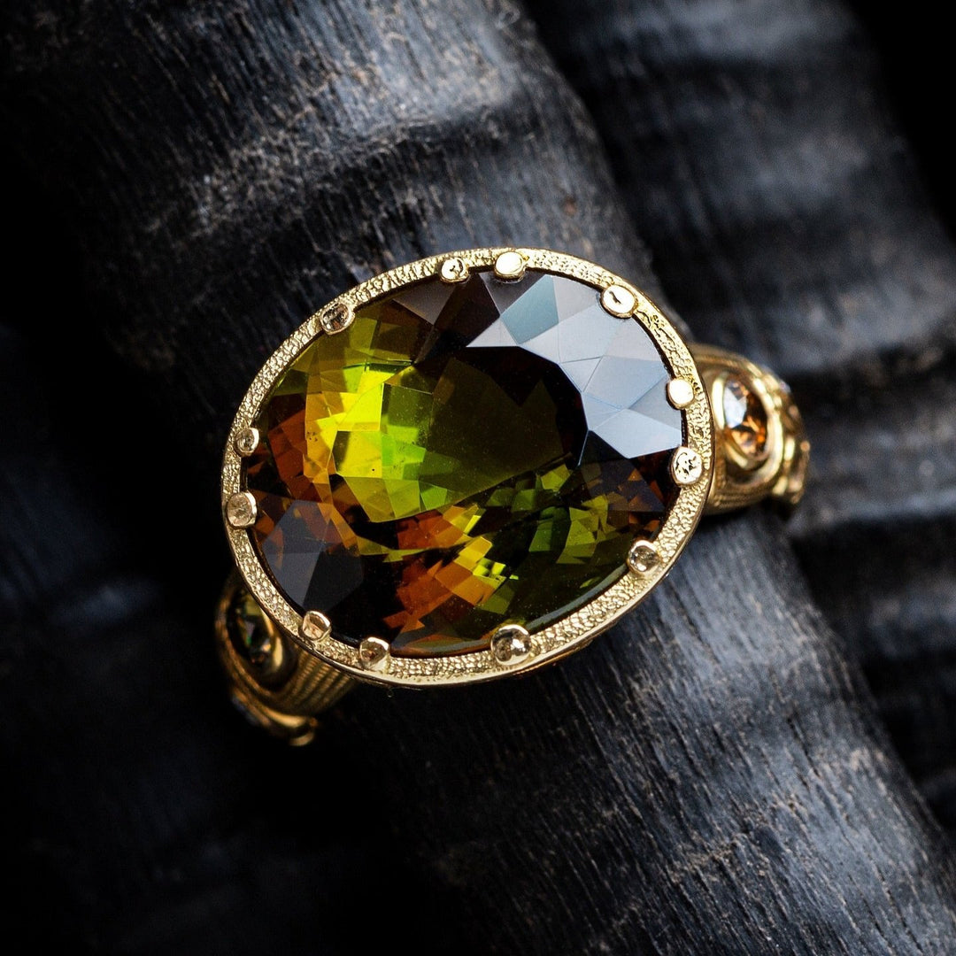 Olive-Brown Tourmaline & Diamond Ring - "Little Windows"
