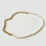 Yellow Gold Plate & Pearl Textured Link Necklace - "Charly"