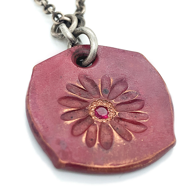 Copper Flower Necklace Featuring a Ruby - "Bloom"