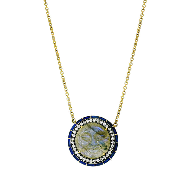 Necklace with a round pendant featuring a man in the moon face design on a white background