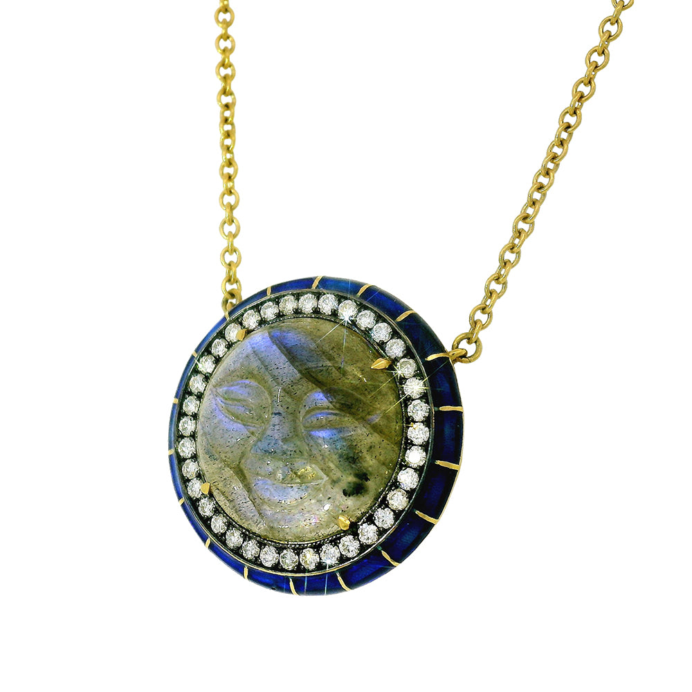 Necklace with a round pendant featuring a man in the moon design on a white background