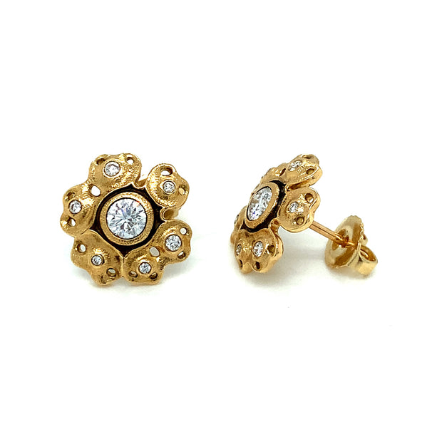 18K Yellow Gold Diamond Stud Earrings - "Rosette"