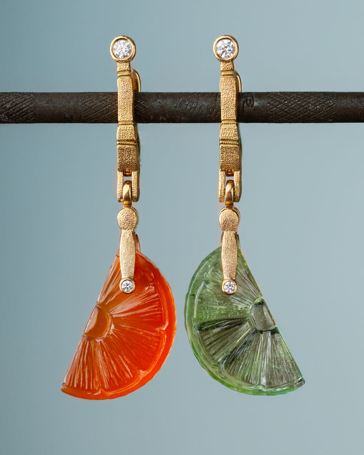 Carved Carnelian & Peridot Citrus Slice Earrings - "Sticks & Stones"