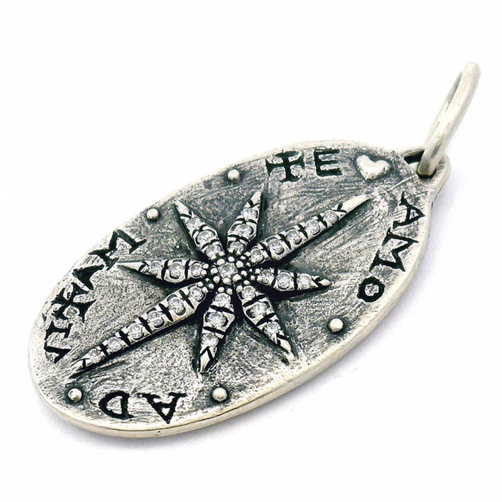 Diamond & Sterling Silver Large Oval Pendant - "Fleur de Lis & North Star"