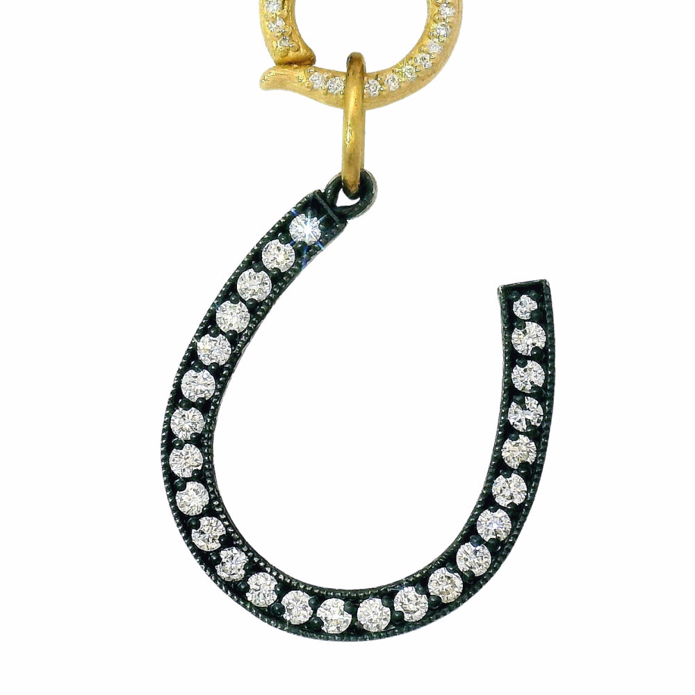 Diamond Horseshoe Pendant in Oxidized Silver & 14K Gold