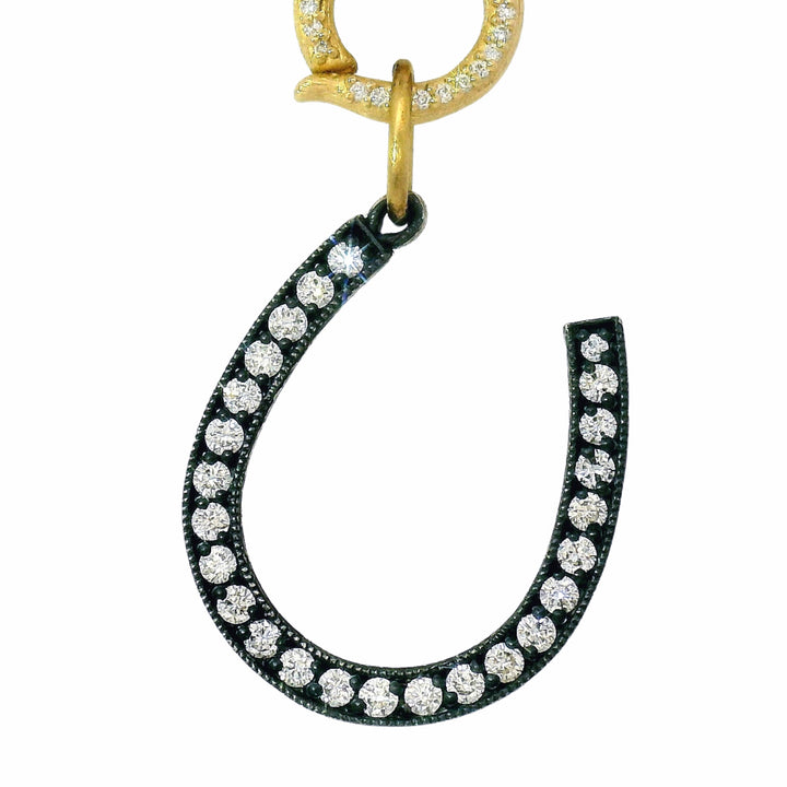 Diamond Horseshoe Pendant in Oxidized Silver & 14K Gold