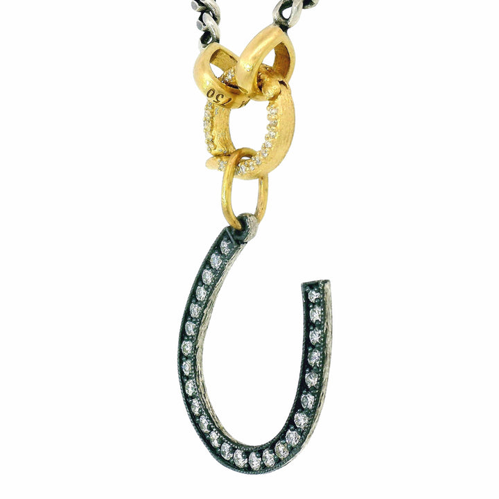 Diamond Horseshoe Pendant in Oxidized Silver & 14K Gold