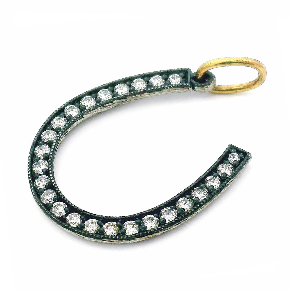 Diamond Horseshoe Pendant in Oxidized Silver & 14K Gold