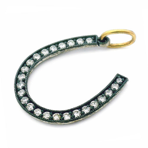 Diamond Horseshoe Pendant in Oxidized Silver & 14K Gold