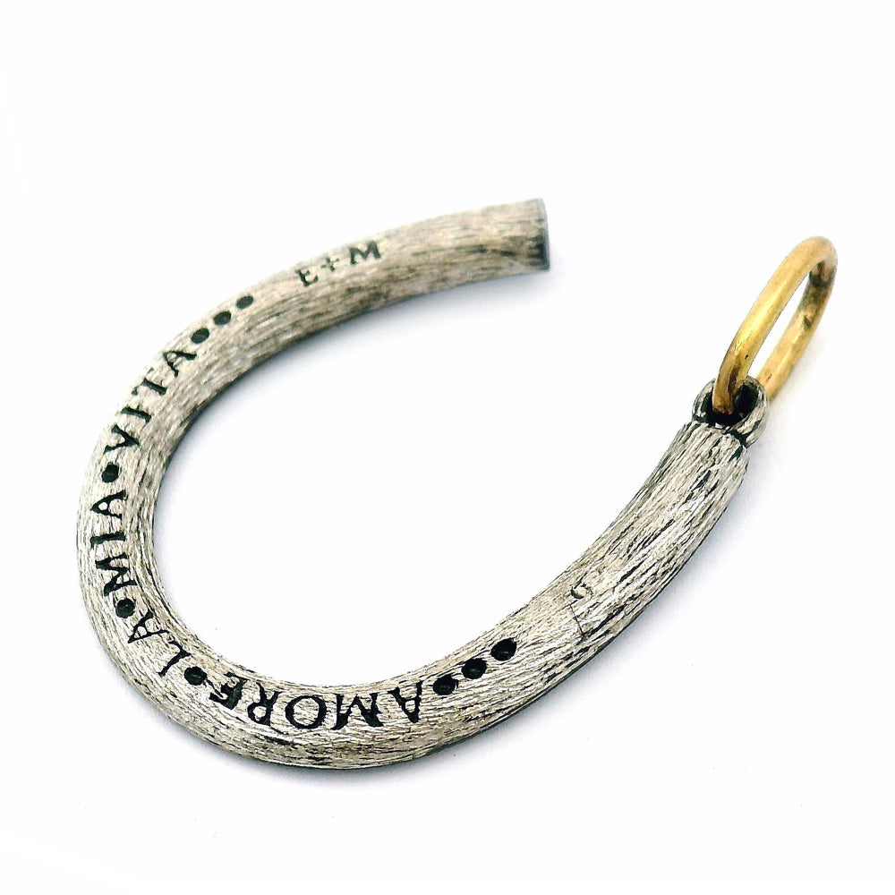 Diamond Horseshoe Pendant in Oxidized Silver & 14K Gold